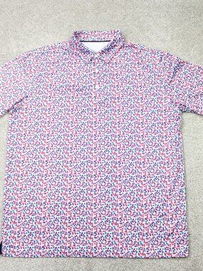 Maelreg Performance Polo Shirt Mens Large Blue/Pink Geometric Stretch Golf S/S